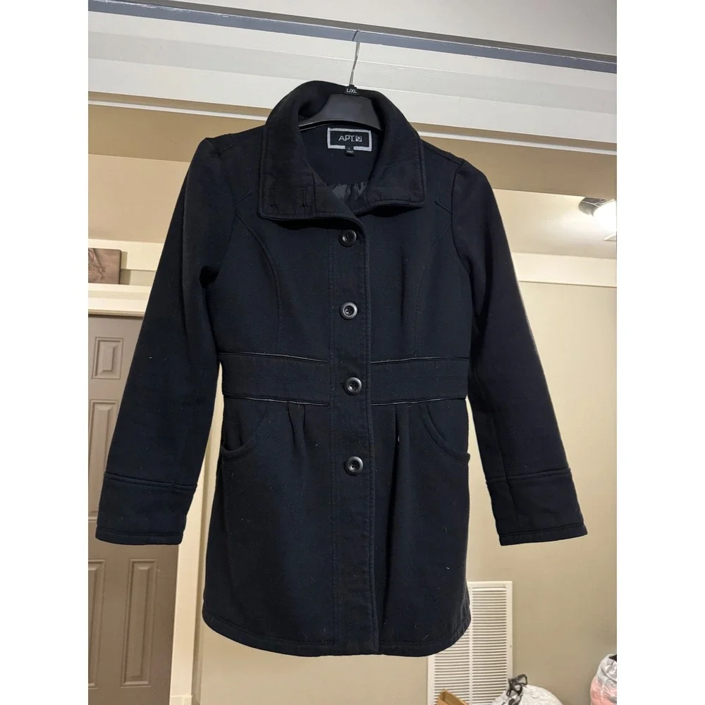 Apt 9 Womens Black Wool‎ Blend Pea Coat Mid Length Button Front Jacket Size L